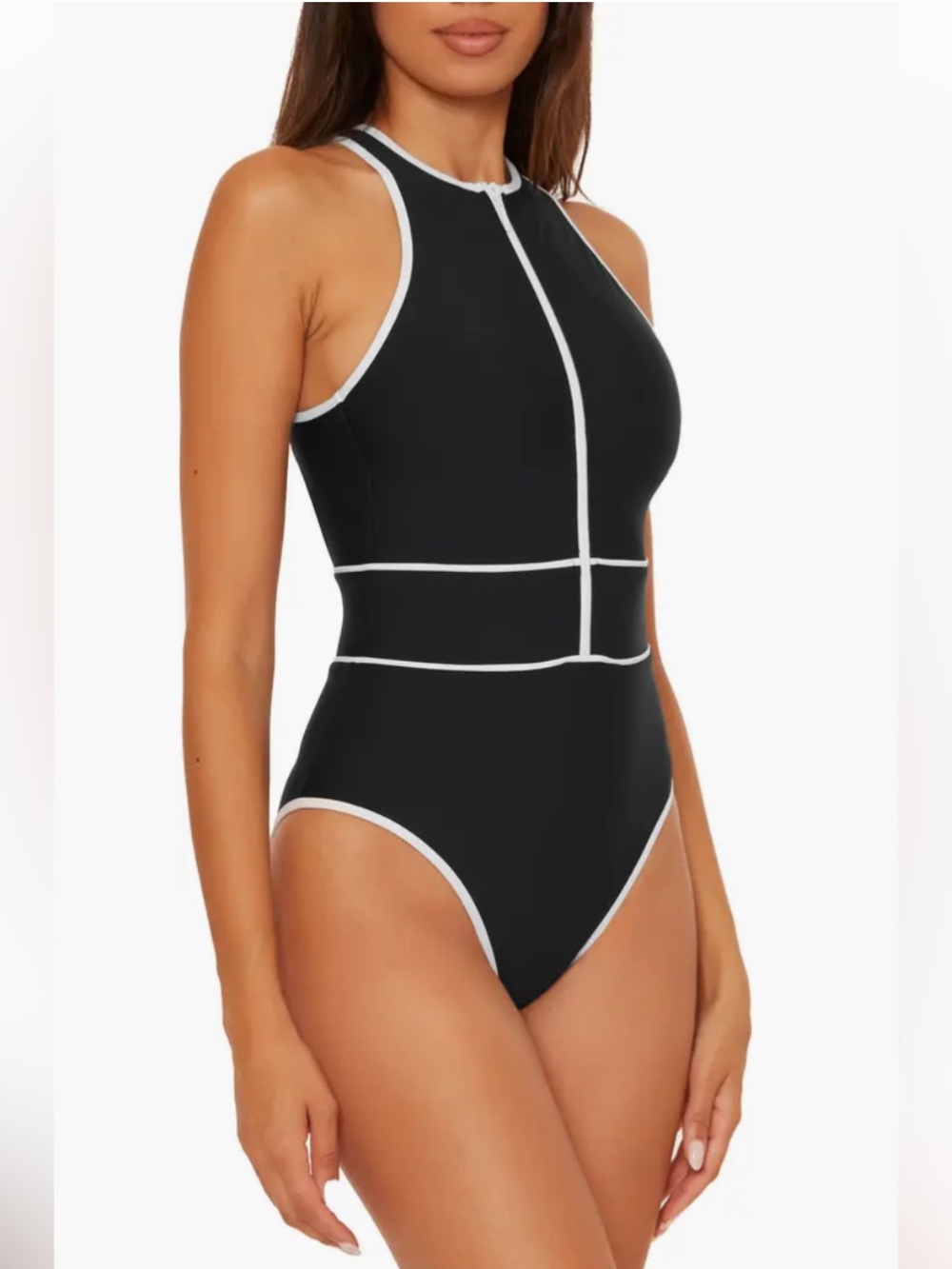 BECCA Swimsuit NWT Bali Boho Contrast Piping Sport One Piece Black White Size S